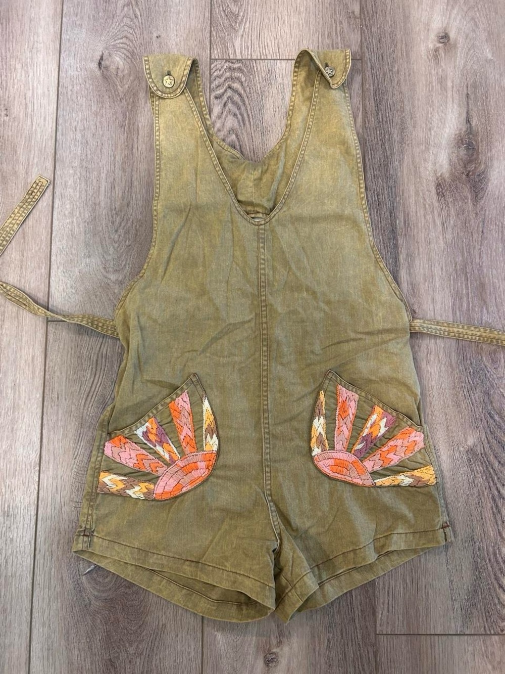 Chasing Unicorns Olive Green Denim Romper with Embroidered Waist Detail - Picture 3 of 8